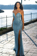 Sweetheart Blue Sleeveless Beading Mermaid Prom Dress With Slit by misshow.com