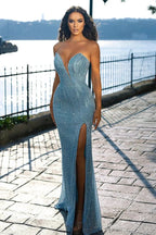 Sweetheart Blue Sleeveless Beading Mermaid Prom Dress With Slit by misshow.com