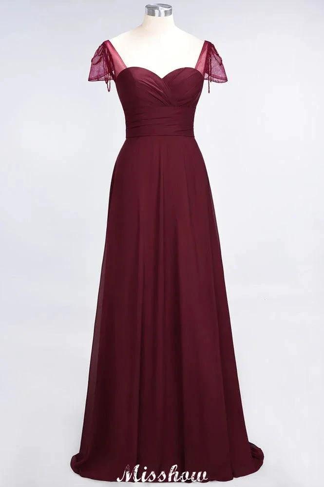 Sweetheart Cap-Sleeves Ruffle Floor-Length Bridesmaid Dress with Beadings Moher if the Bride Dresses by misshow.com