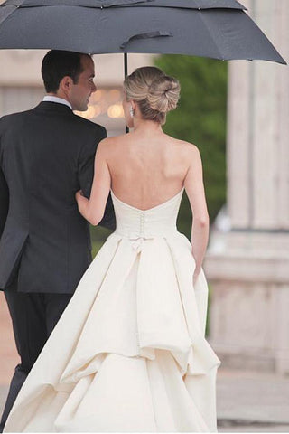 Sweetheart Court Train Ivory Satin Wedding Dress with Ruched WD122