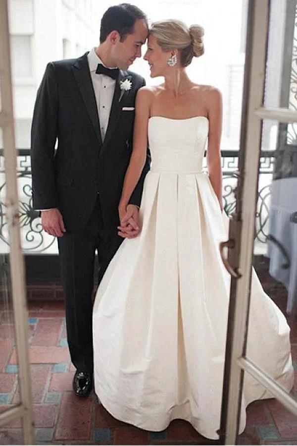 Sweetheart Court Train Ivory Satin Wedding Dress with Ruched WD122 by pgmdress