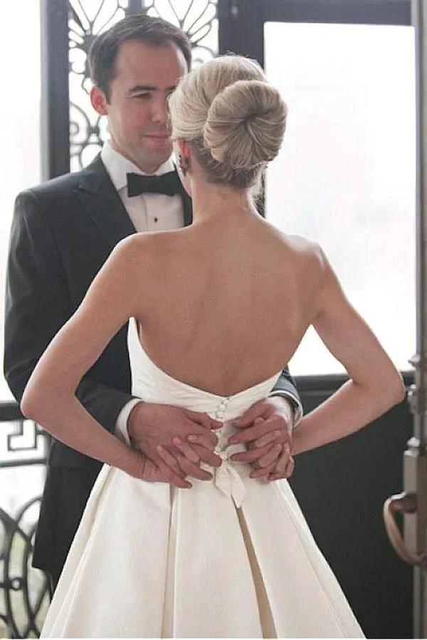 Sweetheart Court Train Ivory Satin Wedding Dress with Ruched WD122 by pgmdress