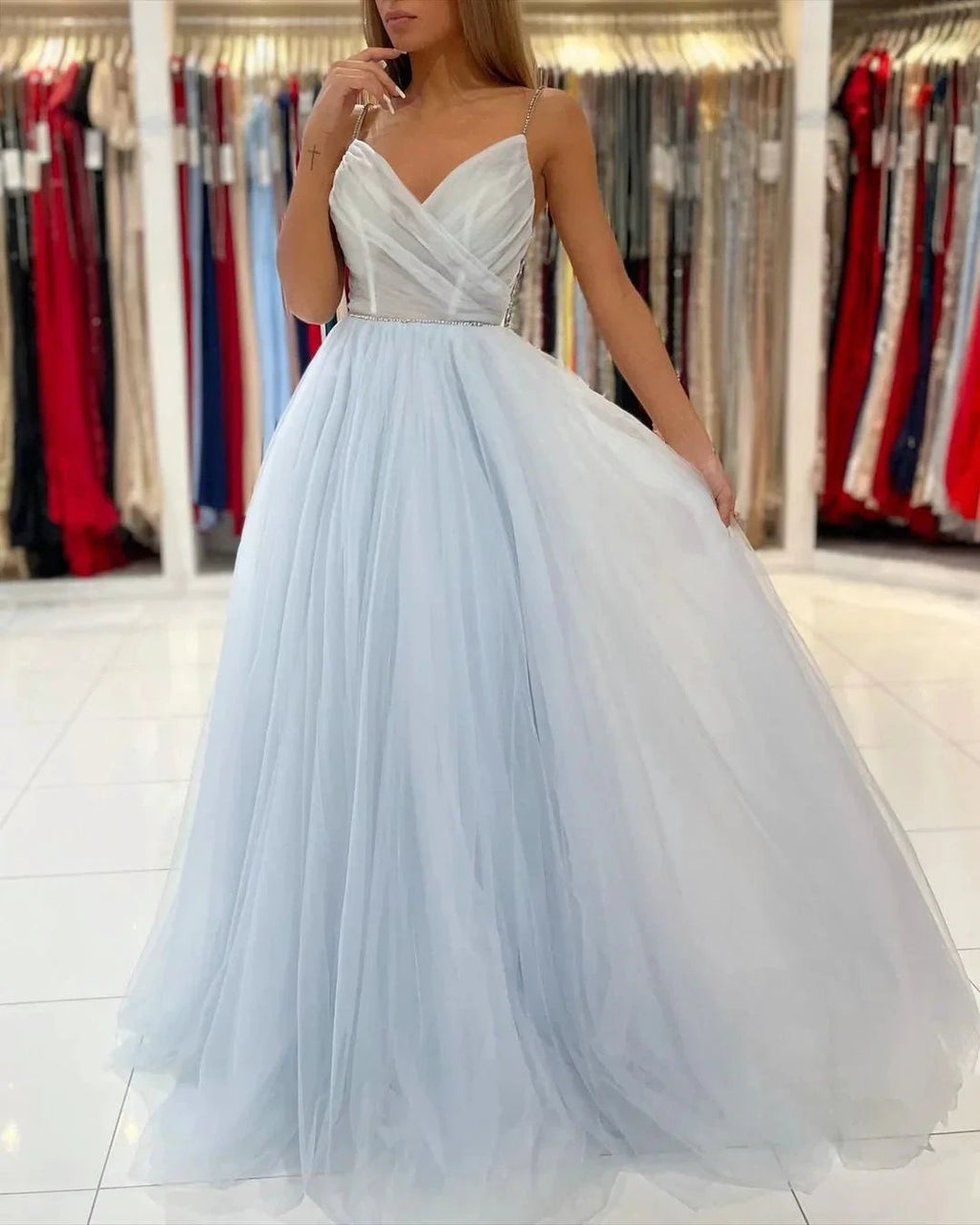 Sweetheart Floor Length A-line Backless Tulle Prom Dresses by misshow.com