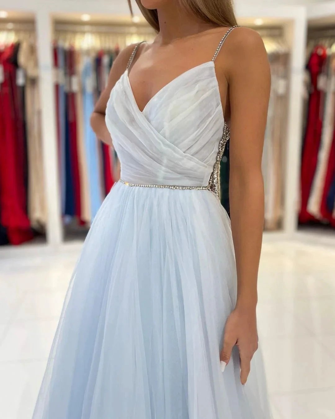 Sweetheart Floor Length A-line Backless Tulle Prom Dresses by misshow.com