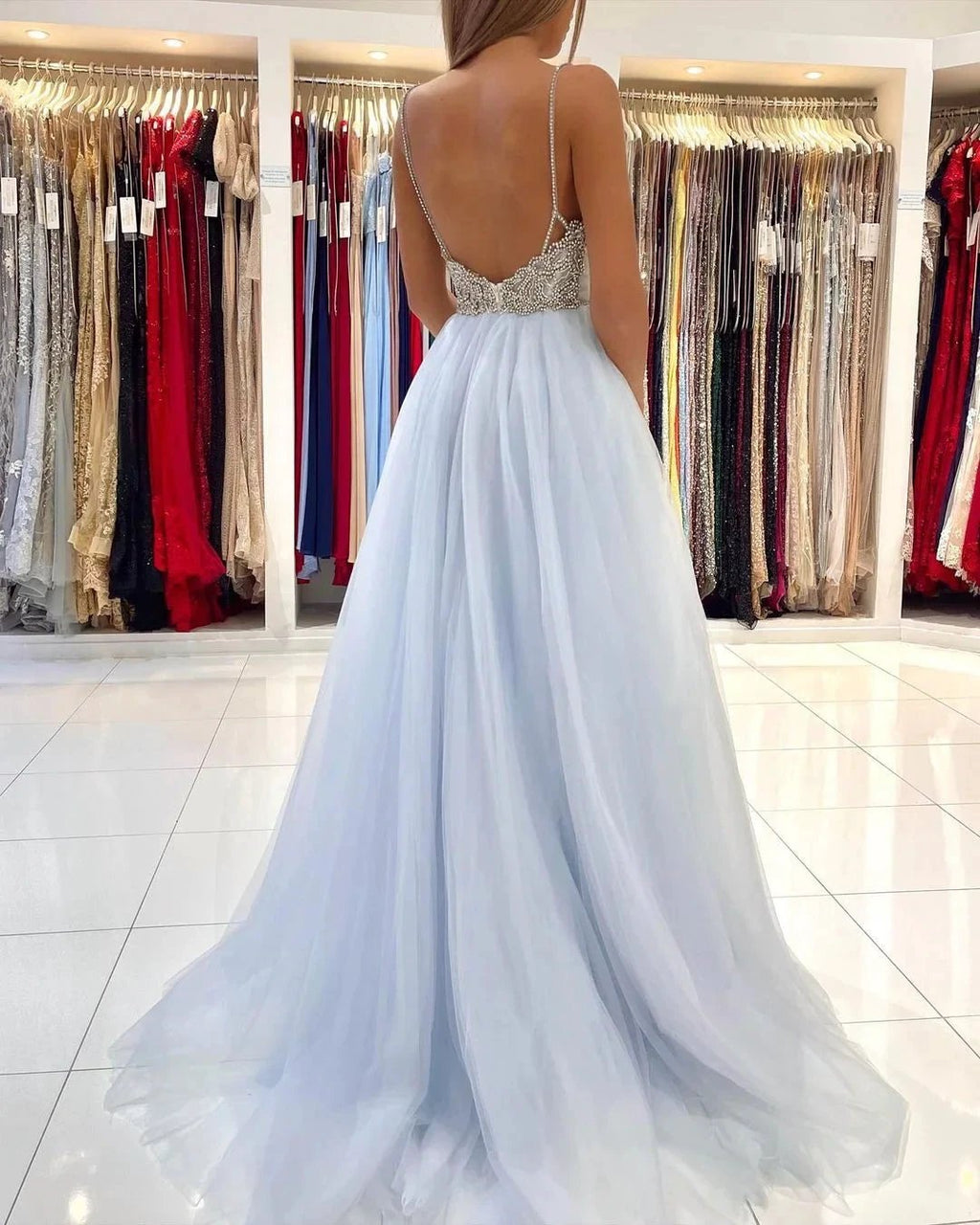 Sweetheart Floor Length A-line Backless Tulle Prom Dresses by misshow.com