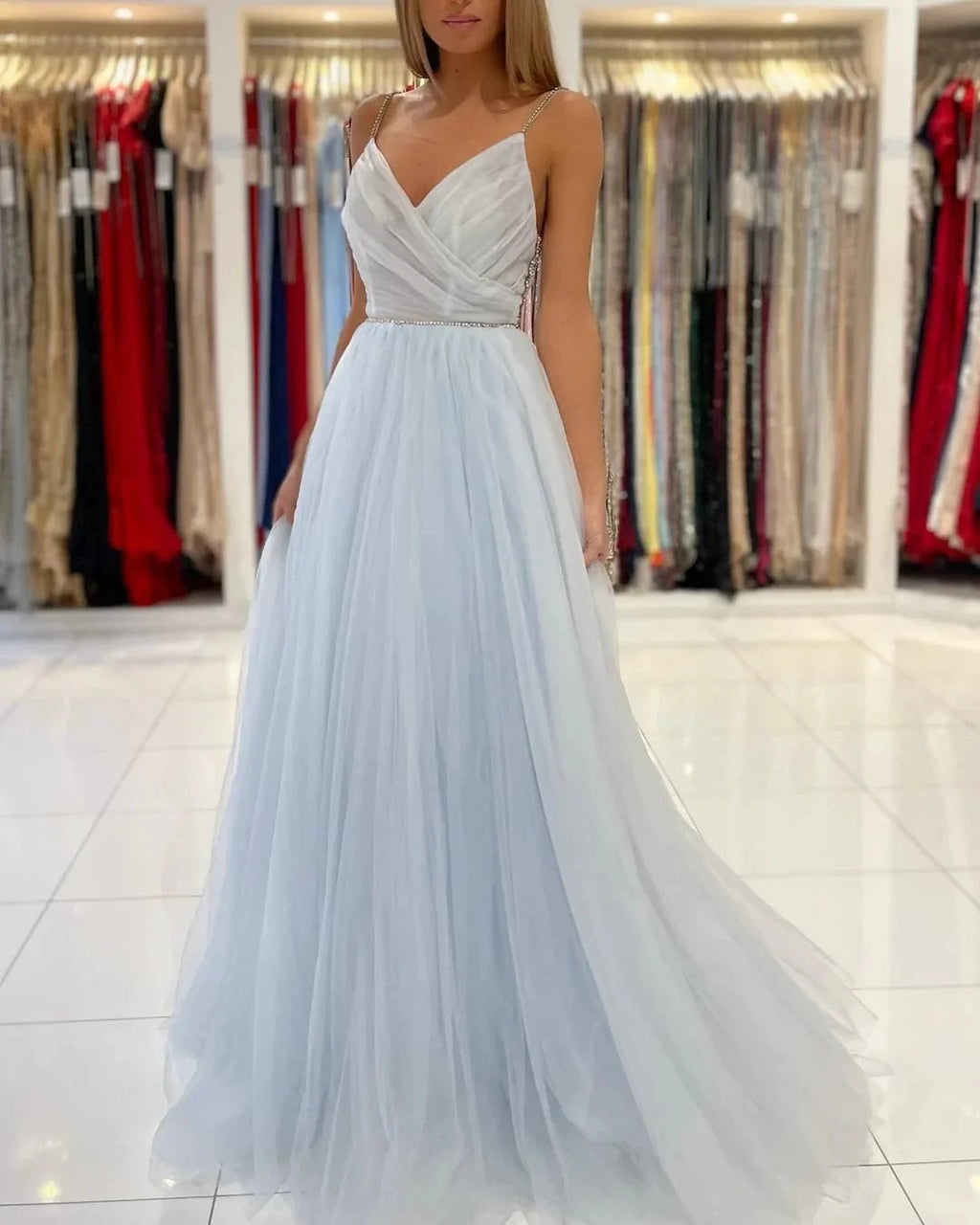 Sweetheart Floor Length A-line Backless Tulle Prom Dresses by misshow.com