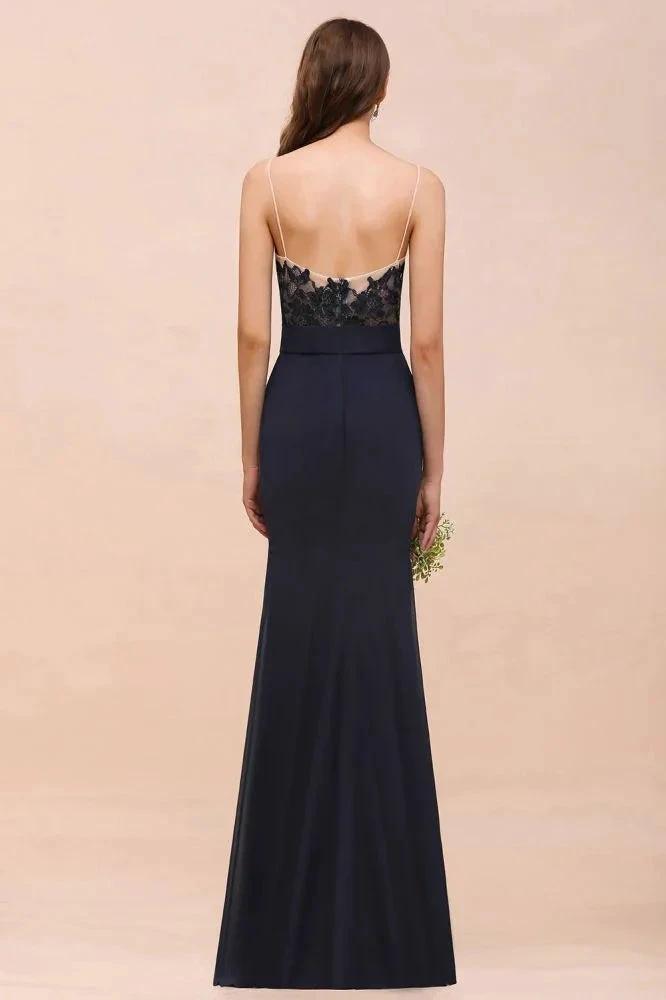 Sweetheart Floral Mermaid Bridesmaid Dress Sleeveless Navy Formal Party Dress by misshow.com