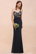 Sweetheart Floral Mermaid Bridesmaid Dress Sleeveless Navy Formal Party Dress by misshow.com