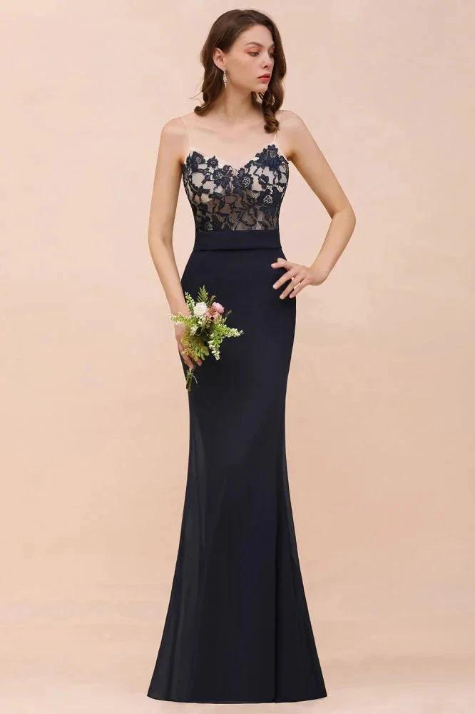 Sweetheart Floral Mermaid Bridesmaid Dress Sleeveless Navy Formal Party Dress by misshow.com