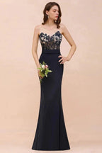 Sweetheart Floral Mermaid Bridesmaid Dress Sleeveless Navy Formal Party Dress by misshow.com