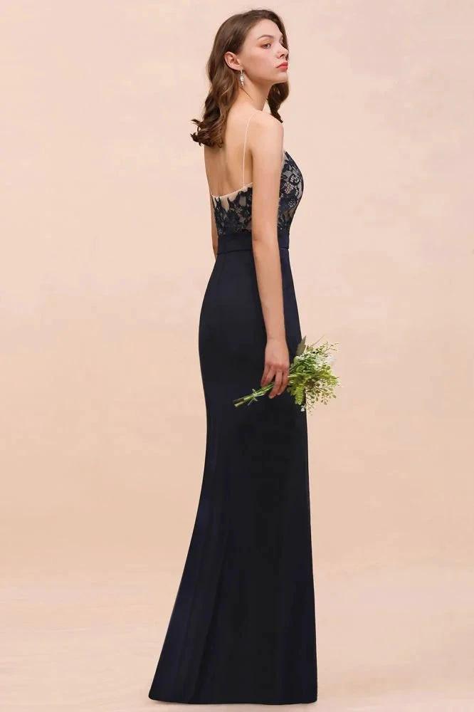 Sweetheart Floral Mermaid Bridesmaid Dress Sleeveless Navy Formal Party Dress by misshow.com