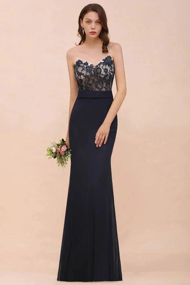 Sweetheart Floral Mermaid Bridesmaid Dress Sleeveless Navy Formal Party Dress by misshow.com