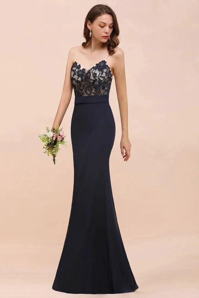 Sweetheart Floral Mermaid Bridesmaid Dress Sleeveless Navy Formal Party Dress by misshow.com