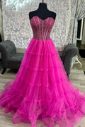 Eddye | Sweetheart Fuchsia Beaded Ruffles Tulle Prom Dress by KissProm
