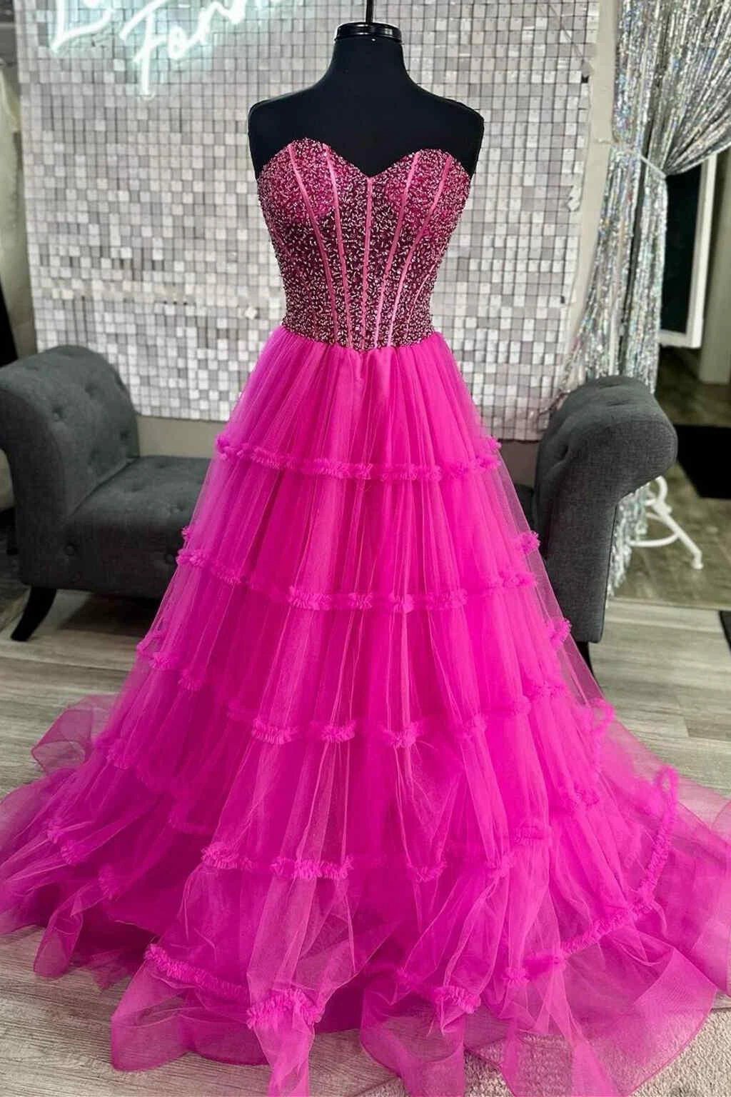 Eddye | Sweetheart Fuchsia Beaded Ruffles Tulle Prom Dress by KissProm