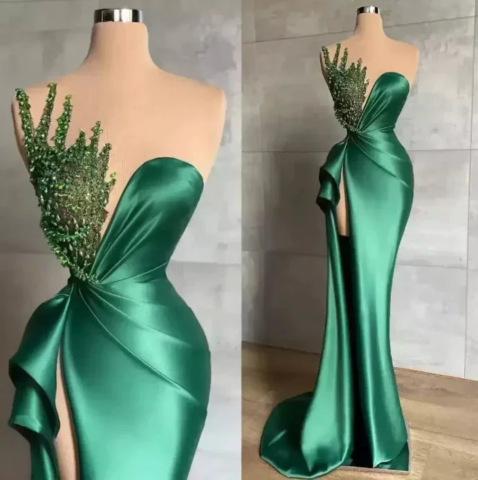 Sweetheart Green Long Mermaid Shiny Sleeveless Prom Dress With Beads by misshow.com