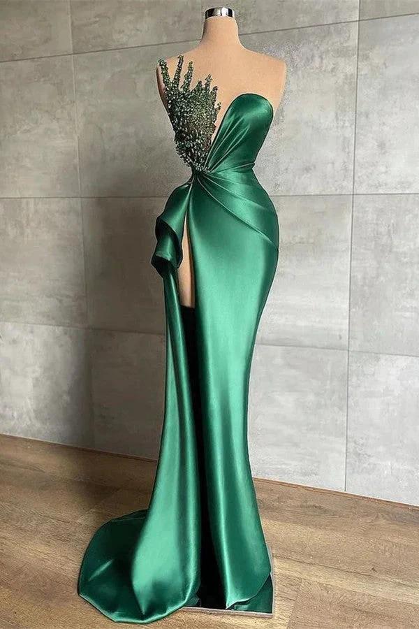 Sweetheart Green Long Mermaid Shiny Sleeveless Prom Dress With Beads by misshow.com