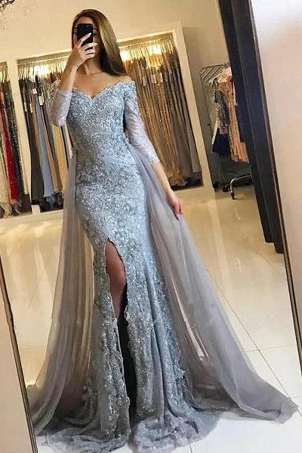 Sweetheart Lace-Appliques Front-Split Newest Long-Sleeve Mermaid Prom Dress by misshow.com