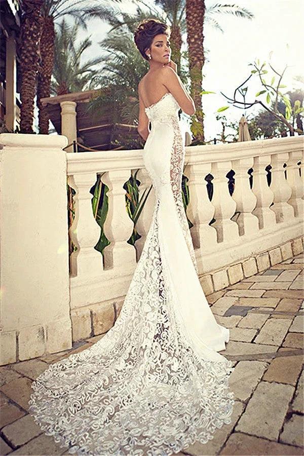 Sweetheart Lace Wedding Dress Mermaid Zipper Sleeveless Bridal Dresses by misshow.com