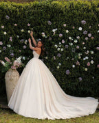 Sweetheart Long A-line Princess Glitter Sleeveless Lace Wedding Dress With Train by misshow.com