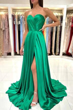 Sweetheart Long Green A-line Sleeveless Evening Dress With Side Slit by misshow.com