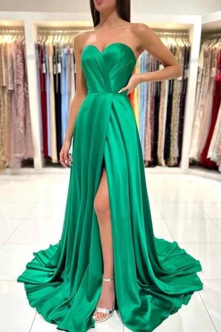 Sweetheart Long Green A-line Sleeveless Evening Dress With Side Slit by misshow.com