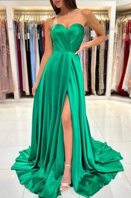 Sweetheart Long Green A-line Sleeveless Evening Dress With Side Slit by misshow.com