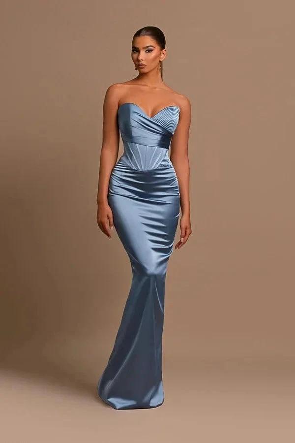 Sweetheart Long Mermaid Dusty Blue Satin Prom Dress by misshow.com