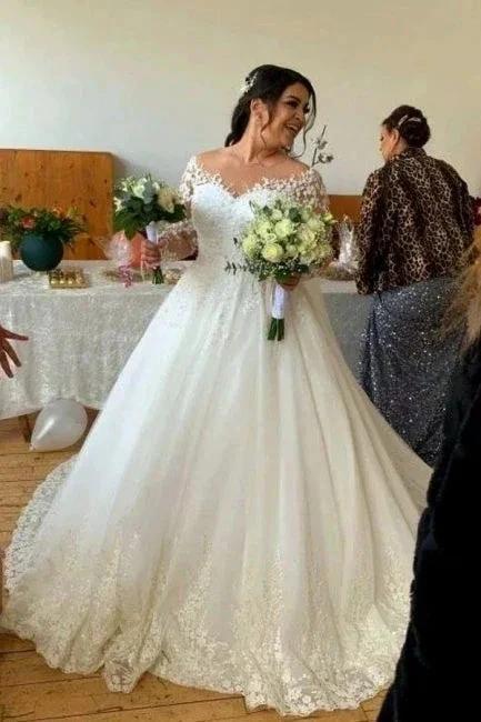 Sweetheart Long-Sleeve A-Line Tulle Wedding Dresses with Lace by misshow.com