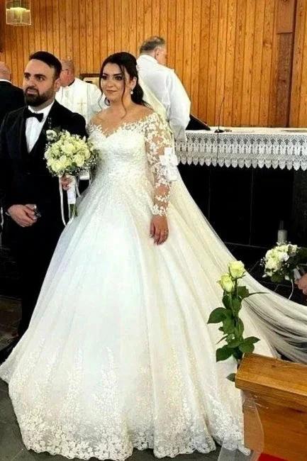 Sweetheart Long-Sleeve A-Line Tulle Wedding Dresses with Lace by misshow.com