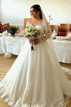 Sweetheart Long-Sleeve A-Line Tulle Wedding Dresses with Lace by misshow.com