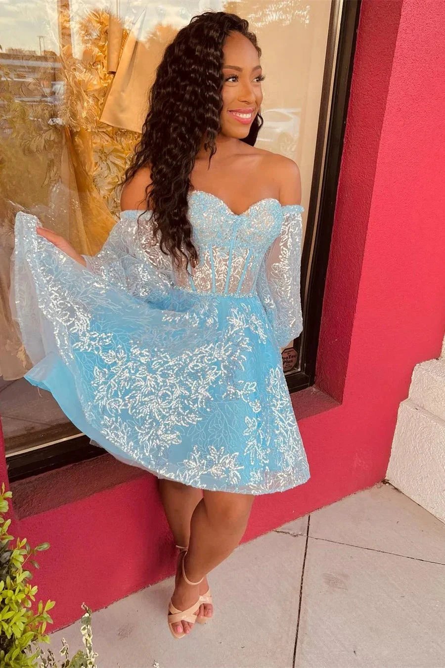 Sweetheart Long Sleeve Sequined Homecoming Dress With Lace by misshow.com