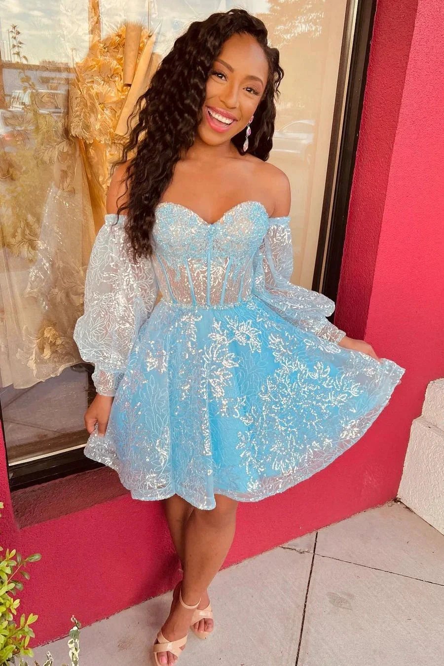 Sweetheart Long Sleeve Sequined Homecoming Dress With Lace by misshow.com