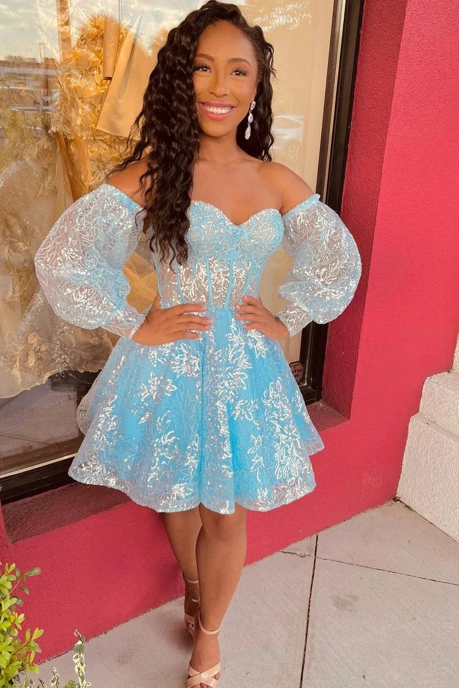 Sweetheart Long Sleeve Sequined Homecoming Dress With Lace by misshow.com