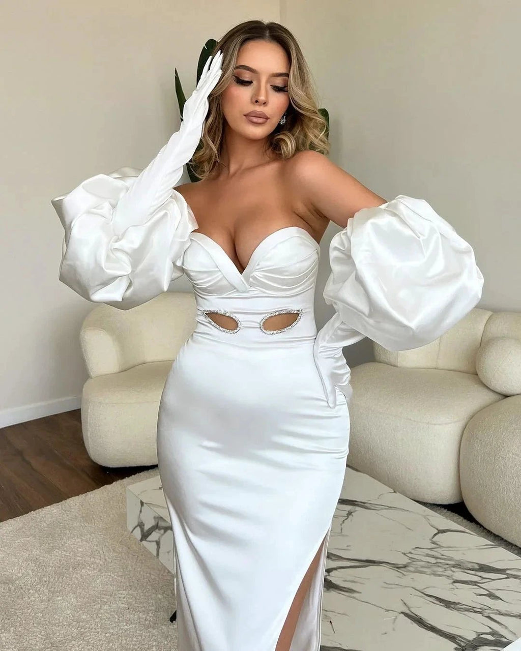 Sweetheart Long White Mermaid Split Front Sexy Prom Dress With Sleeves by misshow.com