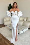 Sweetheart Long White Mermaid Split Front Sexy Prom Dress With Sleeves by misshow.com