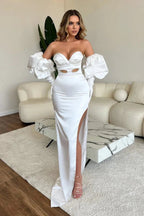 Sweetheart Long White Mermaid Split Front Sexy Prom Dress With Sleeves by misshow.com