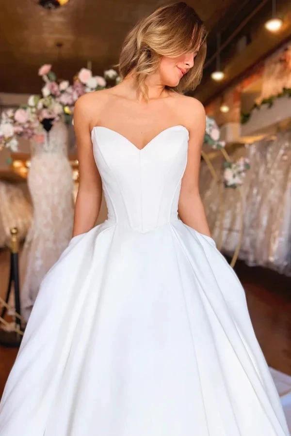 Sweetheart Long White Strapless A-line Satin Wedding Dress with Pockets by misshow.com
