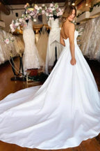 Sweetheart Long White Strapless A-line Satin Wedding Dress with Pockets by misshow.com