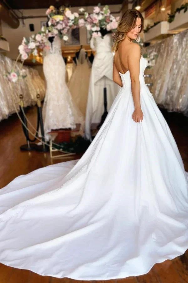 Sweetheart Long White Strapless A-line Satin Wedding Dress with Pockets by misshow.com