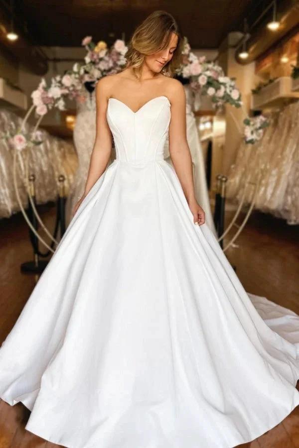 Sweetheart Long White Strapless A-line Satin Wedding Dress with Pockets by misshow.com