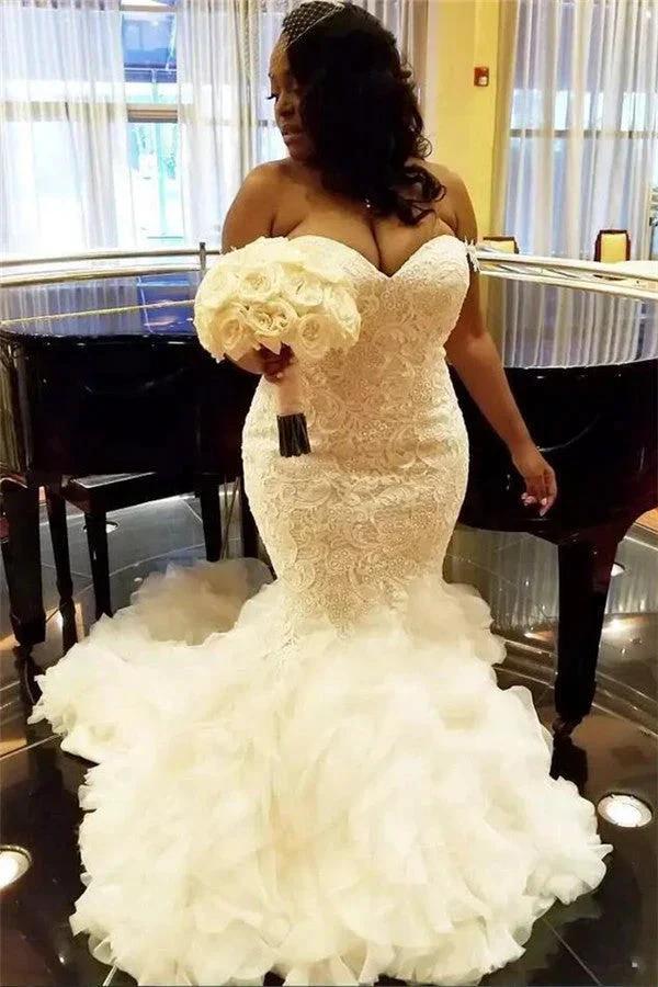 Sweetheart Mermaid Lace Wedding Dress TieScarlet Ruffless Tulle Bridal Dress with by misshow.com