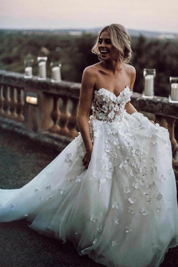 Sweetheart Neck Tulle Wedding Dresses Appliqued Wedding Gowns WD327 by pgmdress