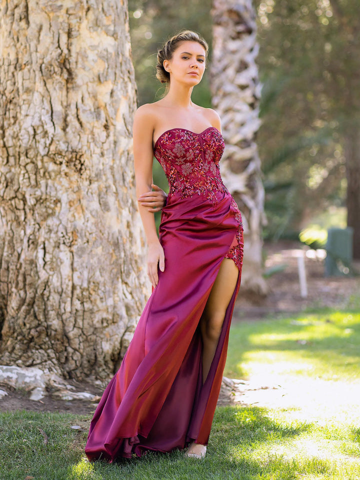Sweetheart Neckline Sequin Lace Top Satin Floor Length Prom Dress by Anne of Brittany