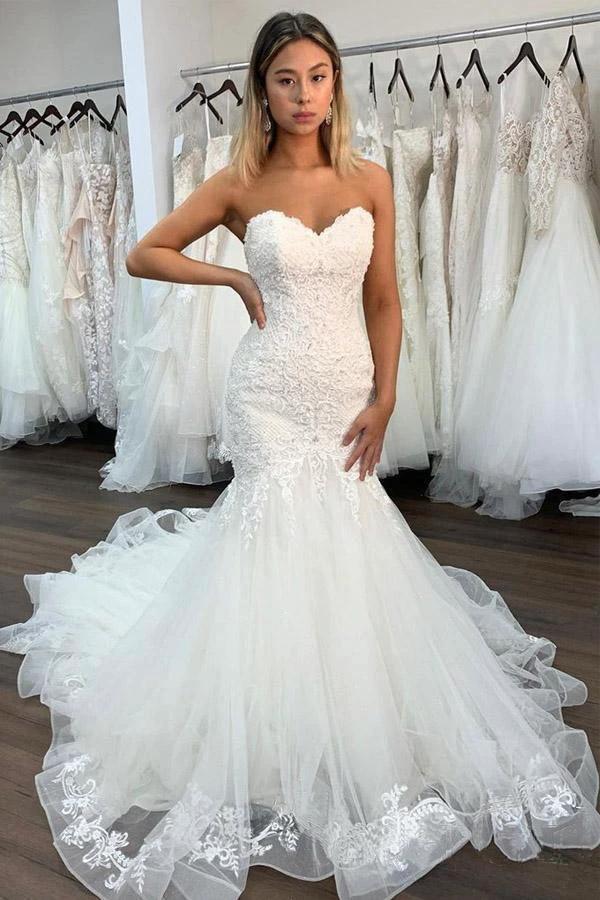 Sweetheart Neckline Sexy Lace Mermaid Wedding Dresses With Ruffles WD464 by pgmdress