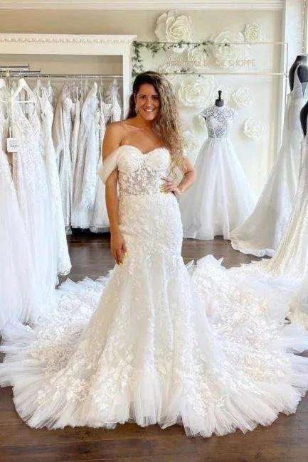 Sweetheart Off-the-Shoulder Mermaid Bridal Gown Tulle Lace Appliques Wedding Dress by misshow.com
