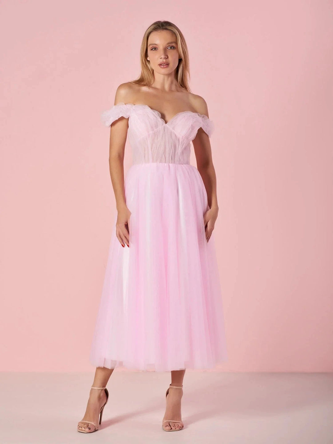 Sweetheart Neck Off the Shoulder Tea Length Tulle Prom Dress by Anne of Brittany