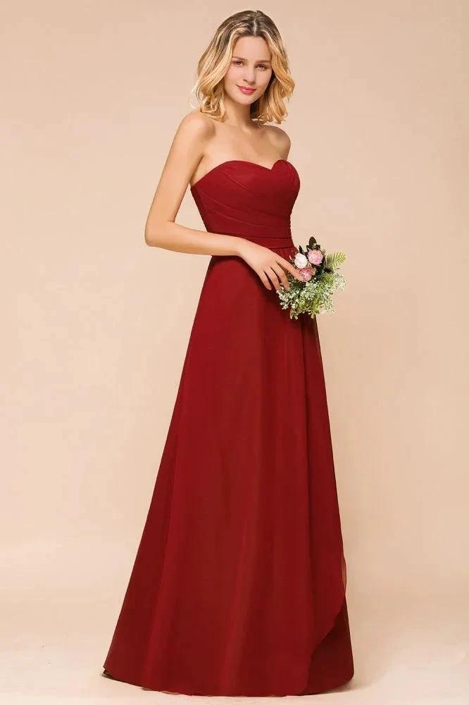 Sweetheart Red Bridesmaid Dress Chiffon Floor-Length Wedding Guest Dress backless by misshow.com