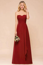 Sweetheart Red Bridesmaid Dress Chiffon Floor-Length Wedding Guest Dress backless by misshow.com