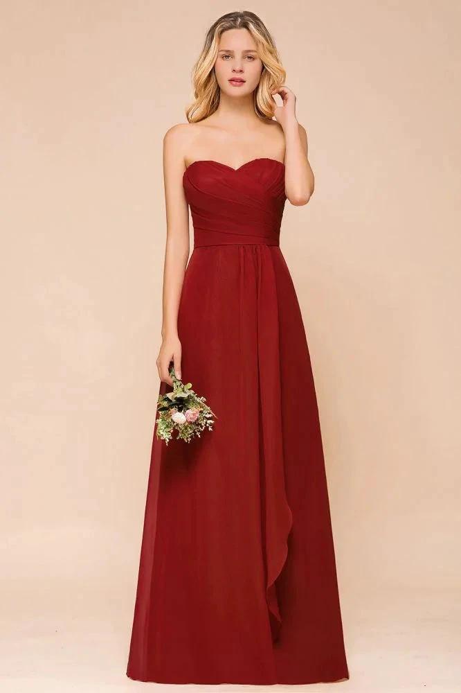 Sweetheart Red Bridesmaid Dress Chiffon Floor-Length Wedding Guest Dress backless by misshow.com
